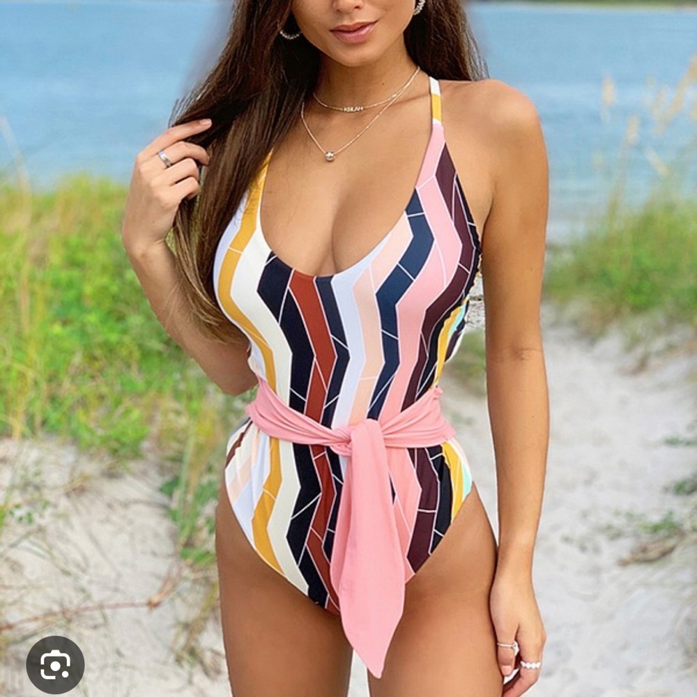 Swiminista x Christian LaCroix Striped Multicolor Swimsuit with Coral Tie Belt